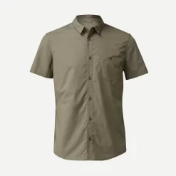 CAMISA DE TREKKING VIAJE TRAVEL 100 MANGAS CORTAS MARRÓN HOMBRE