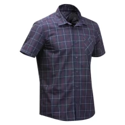 Camisa Trekking Viaje TRAVEL 100 Cuadros Manga Corta Negro Hombre